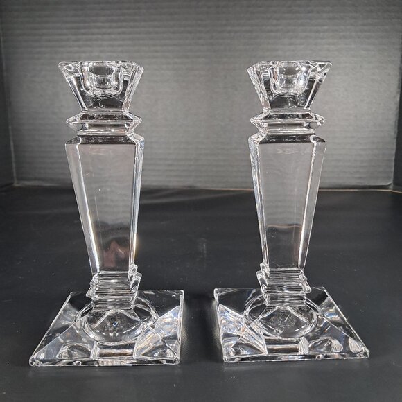 Exquisite Tyrone Irish Hand Cut 24% Crystal Square Pedestal Candlestick Holders - Picture 1 of 12